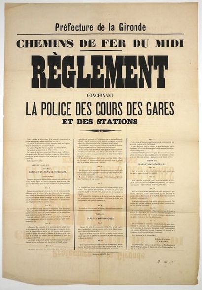 (GIRONDE) 1867 «CHEMINS DE FER DU MIDI.» Règlement concernant la police des cours...