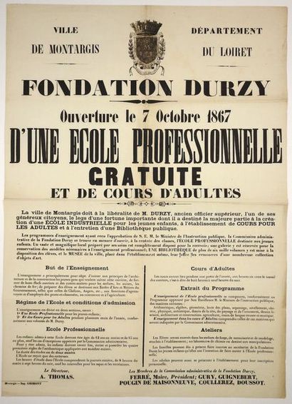 null LOIRET. MONTARGIS. «FONDATION DURZY - Ouverture le 7 Octobre 1867 d'une ECOLE...