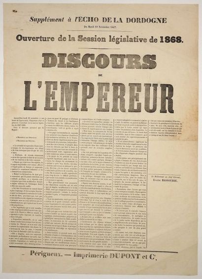 null DORDOGNE. «DISCOURS DE L'EMPEREUR (NAPOLÉON III)» «Aujourd'hui 18 Novembre 1867,...