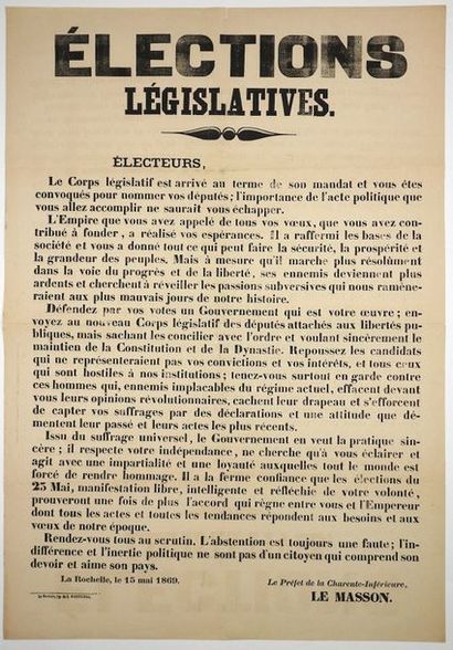 null CHARENTE- MARITIME. LA ROCHELLE 15 mai 1869 - «ÉLECTIONS LÉGISLATIVES.» «Électeurs,...