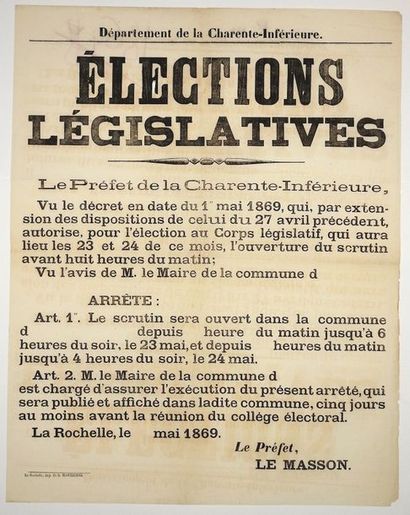 null CHARENTE-MARITIME. ÉLECTIONS LÉGISLATIVES du 23 et 24 mai 1869 - Arrêté du Préfet...