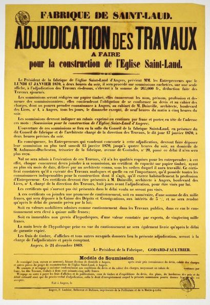 null ANGERS (Maine-et-Loire) 24 Décembre 1869. «ADJUDICATION des Travaux à faire...
