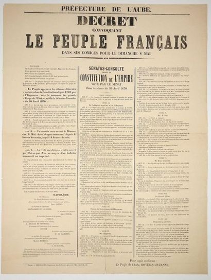 null AUBE. LA CONSTITUTION DE L'EMPIRE de 1870 «Décret convoquant le Peuple Français...