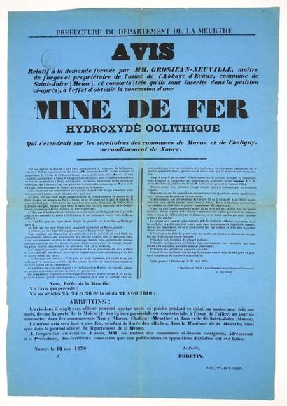null MEURTHE & MOSELLE. 1870. MINE DE FER HYDROXYDE OOLITHIQUE - Avis de C.DUBOCQ...