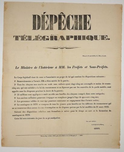 null (NIÈVRE) MOBILISATION GENERALE 1870 - DÉPÈCHE TÉLÉGRAPHIQUE. Loi sur la mobilisation...