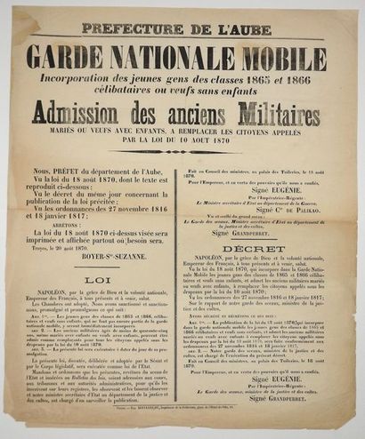 null (AUBE). GARDE NATIONALE MOBILE. Incorporation des jeunes gens des Classes 1865...