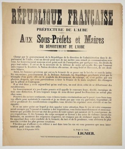 null TROYES, le 9 Septembre 1870 - «Préfecture de l'AUBE, aux Sous-Préfets et Maires...