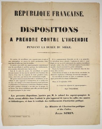 null (SIÈGE DE PARIS. SAPEURS-POMPIERS.) PARIS le 13 Septembre 1870. «Dispositions...