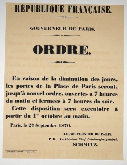 null (GOUVERNEMENT DE DÉFENSE NATIONALE 1870) - PORTES DE PARIS - ORDRE DU GOUVERNEUR...