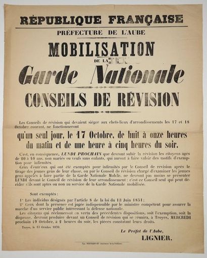 null TROYES, le 13 Octobre 1870 - Préfecture de l'AUBE. «MOBILISATION DE LA GARDE...