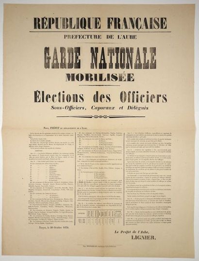 null TROYES, le 20 Octobre 1870 - Préfecture de l'AUBE - «GARDE NATIONALE MOBILISÉE...