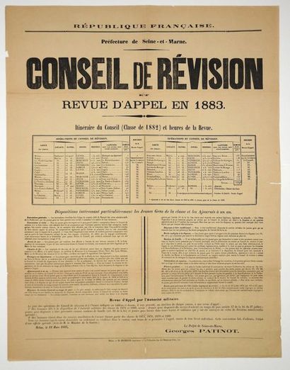 null SEINE-ET-MARNE. 1883. «CONSEIL DE RÉVISION et revue d'appel en 1883» - (Lieux...