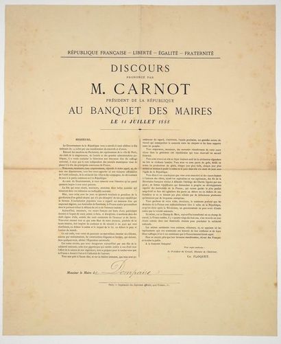 CARNOT «Discours prononcé par M. CARNOT Président de la République au BANQUET DES...