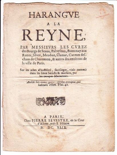 null MAZARINADE. 1643. HAUTS-DE-SEINE. «HARANGUE A LA REYNE, par Messieurs des Curés...