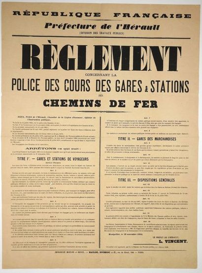 HÉRAULT. 1895. «Règlement concernant la police des Cours des Gares & Stations des...