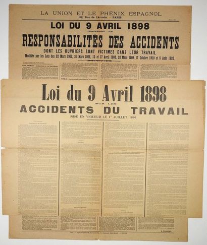 null ACCIDENTS DU TRAVAIL. 2 Affiches “Loi du 9 avril 1898 sur les Accidents du Travail”...