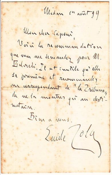 Émile ZOLA, Écrivain et journaliste (Paris 1840-1902)
Lettre autographe signée «Émile...