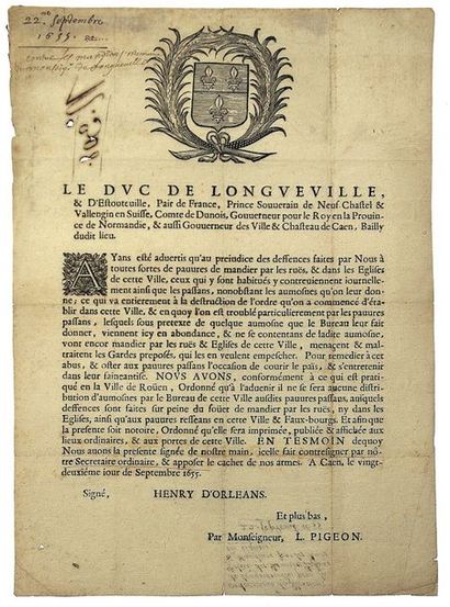 null NORMANDIE. 1655. Henry d'ORLÉANS «Le Duc de LONGUEVILLE, & D'Estouteville, Pair...