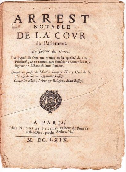 null MANCHE. Abbaye Sainte Trinité de LESSAY (ou LESSEY). Imprimé de 1669. «Arrêt...