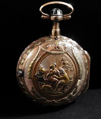 null "Manière de Bordeaux" gusset watch in yellow gold, 750 MM, gallant scene engraved...