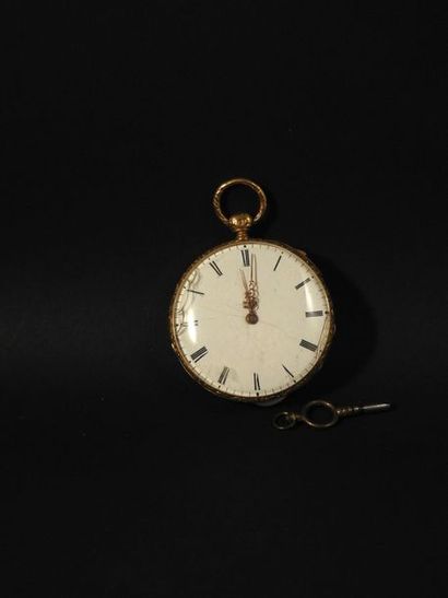 null Pocket watch in yellow gold, 750 MM, engravings with floral decoration, white...