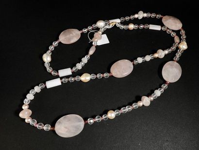 Long collier de quartz rose, perles de cristal...