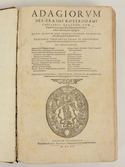 null [RELIURE] ERASME: Adagiorum des Erasmi roterododami chiliades quatuor…Coloniae,...