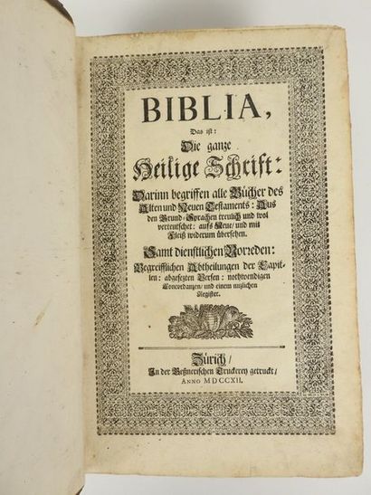 null BIBLE: Biblia Sacra…Zurich, 1712. In-folio veau brun d'époque, dos à nerfs,...
