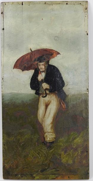 ECOLE FRANÇAISE DU XIX° SIÈCLE Homme sous la pluie
Huile sur panneau de bois
Porte...