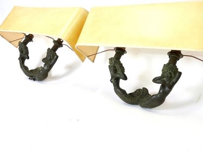 RICCARDO SCARPA (1905-1999) Pair of sconces with two mermaids in chased bronze with...