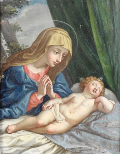 Ecole Bolonaise du XVIII° siècle La Vierge adorant l'Enfant
Cuivre
24 x 19 cm