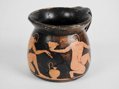 null Red-figure
Olpé Two naked ephebes crouching in front of a vase, one holding...