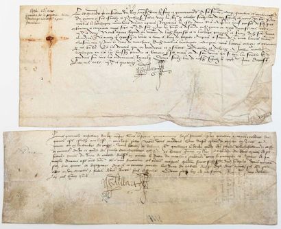 null VAL-D'OISE. GRENIER À SEL DE PONTOISE (95). 2 Chartes de 1494 et 1500 signées...