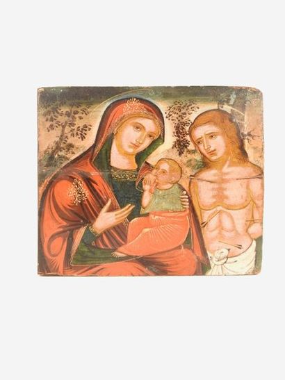 null Peinture sur bois. Représentant la Sainte vierge tenant l’enfant Jésus et Saint...