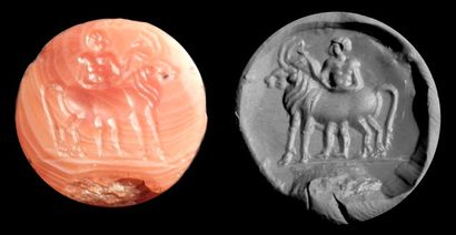 null Sceau gravé d'un bovidé conduit par un personnage.
Agate.
Art grec archaïque....