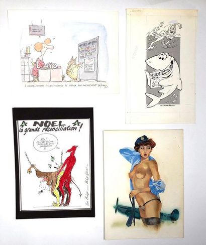 null ORIGINAL DRAWINGS

Set of 4 drawings by Coucho, Belom, Lejeune, and a pin up...