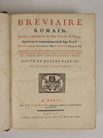 null [RELIURE] Bréviaire romain. Partie de printemps et d'été. Le Mercier, 1756....