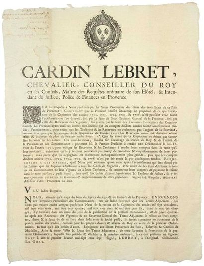 null 1707. PROVENCE «CARDIN LEBRET, Chevalier, conseiller du Roi,... & Intendant...