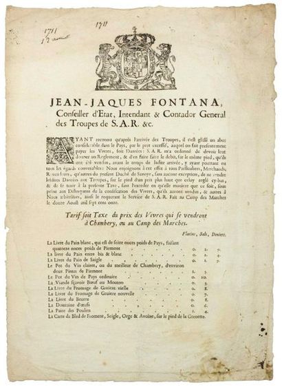null TARIF DES VIVRES A CHAMBÉRY (73) 1711. Ordonnance de Jean Jacques FONTANA Conseiller...