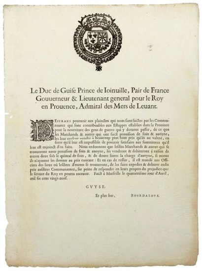 null PROVENCE. 1629. LA PESTE. “Le Duc de GUISE Prince de JOINVILLE, Pair de France,...