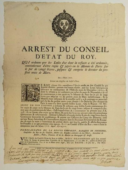 null MONNAIE. 1717. BOURGOGNE & BRESSE; REFONTE DES LOUIS D'OR. «Arrêt du Conseil...