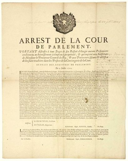 null GIRONDE. 1725. PRISONS de SAINTE FOY. Parlement de BORDEAUX. «Arrest de la Cour...