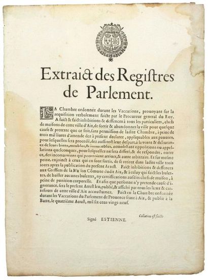null (LA PESTE D'AIX EN PROVENCE) 1629. «Extrait du registres de Parlement. La Chambre......