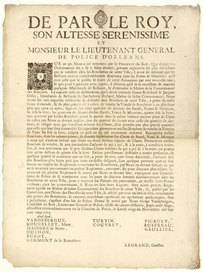 null - 1725. POLICE D'ORLÉANS (Loiret). BOUCHERIE. «De par le Roy, Arrêté de Gorge...