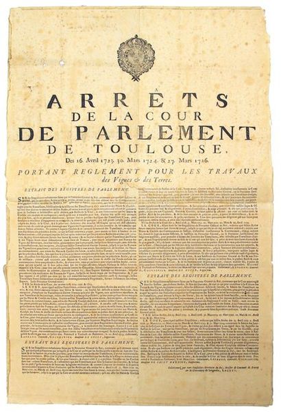 null TOULOUSE (31). 1726. «Arrêt de la Cour de Parlement de Toulouse, des 16 Avril...