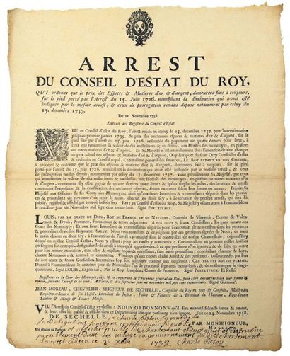 null 1726. HAYNAUT. MONNAIE D'OR & D'ARGENT. Arrest du Conseil d'Estat du Roy, qui...