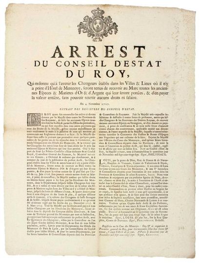 null PARIS. 1727. CHANGE DES MONNAIES & MATIERES D'OR & D'ARGENT. «Arrest du Conseil...