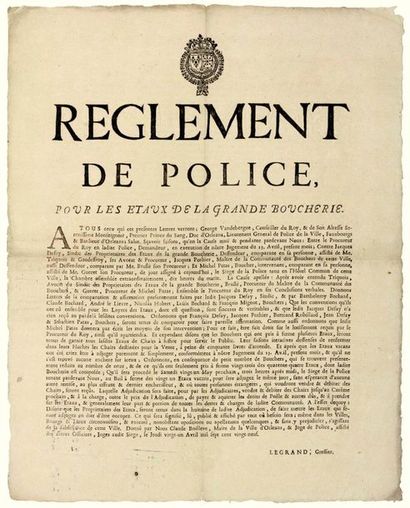 null ORLÉANS (Loiret). 1729. «RÈGLEMENT DE POLICE POUR LES ÉTAUX DE LA GRANDE BOUCHERIE.»...