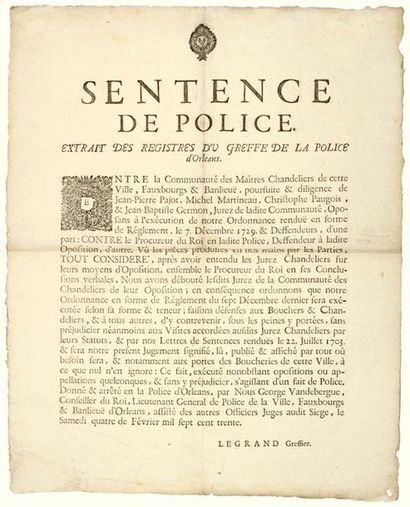 null LOIRET. 1730. MAÎTRES CHANDELIERS D'ORLEANS (45) - Sentence de Police, donné...