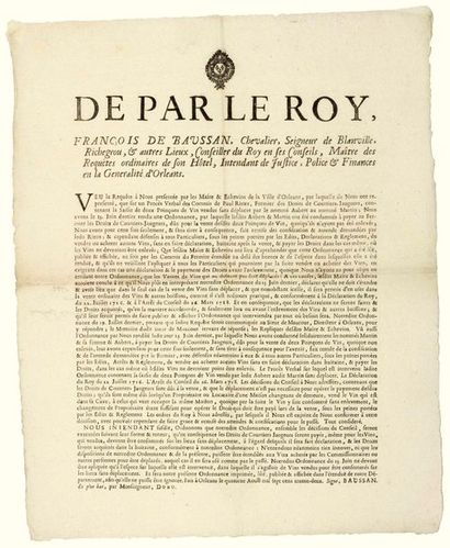 null - 1732. GÉNÉRALITÉ D'ORLÉANS (45). DROITS SUR LES VINS. “De par le ROY, François...